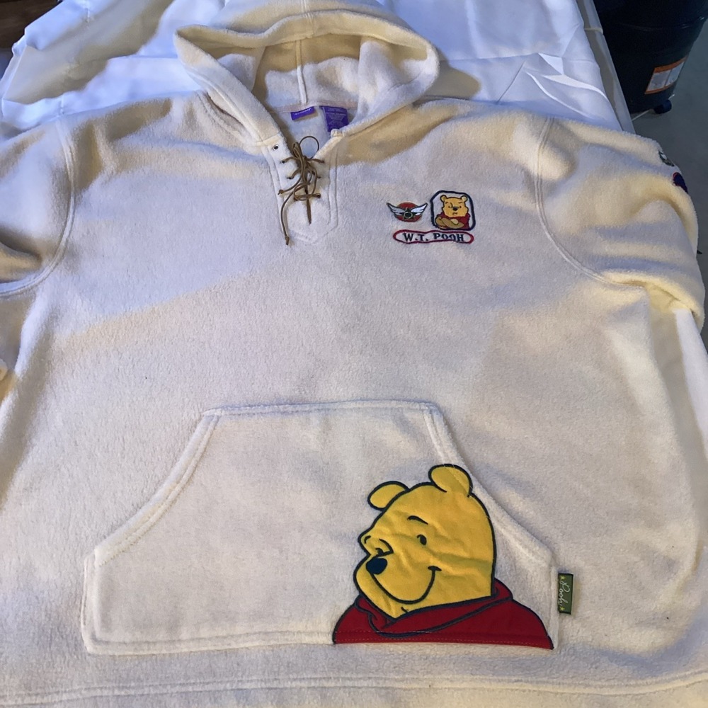 Disney Womens Leather Lace Up Fleece Pullover XL Cream Embroidered Pooh Bear - Picture 1 of 10